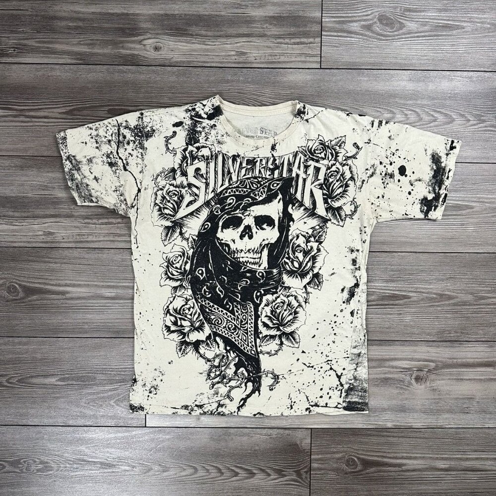 Crazy Vintage Y2K Silver Star Affliction Style Grunge Skull & Roses T Shirt